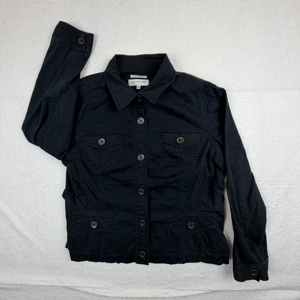 Jones New York Sport Black Stretch Utility Jacket XL Button Front Safari Cargo